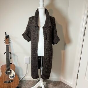 LOFT Wool & Alpaca Blend Dark Brown Short Sleeve‎ Button-Up Cardi Sweater 🦙🤎